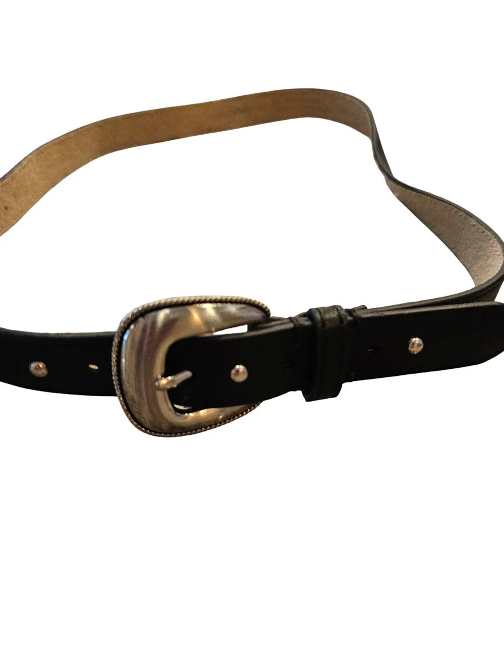 Vintage Womens Sz S Double Buckle Faux Leather Belt Black Silver Tone